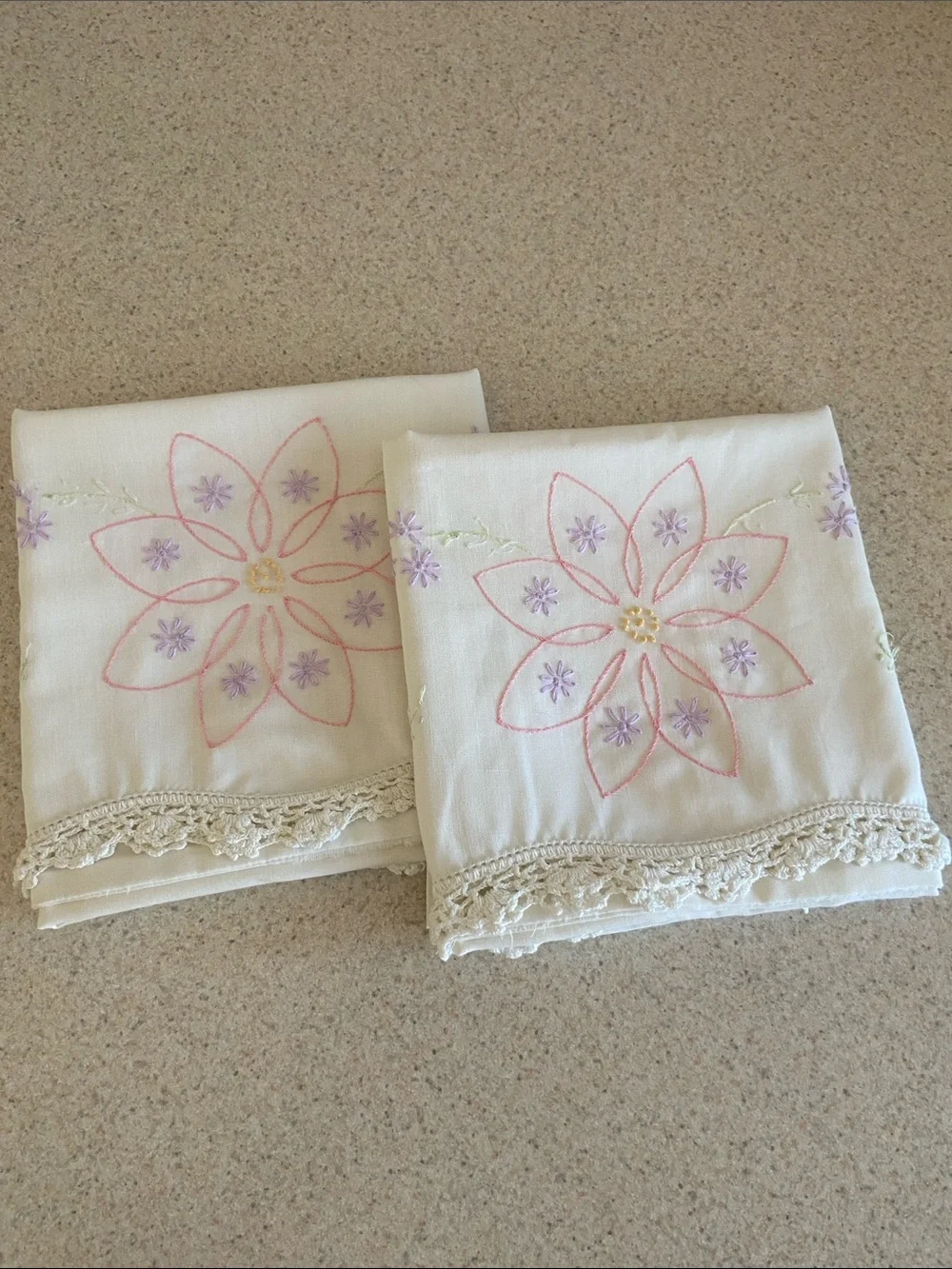 Vintage Hand Embroidered Floral Pillowcases Pair Crochet Trim